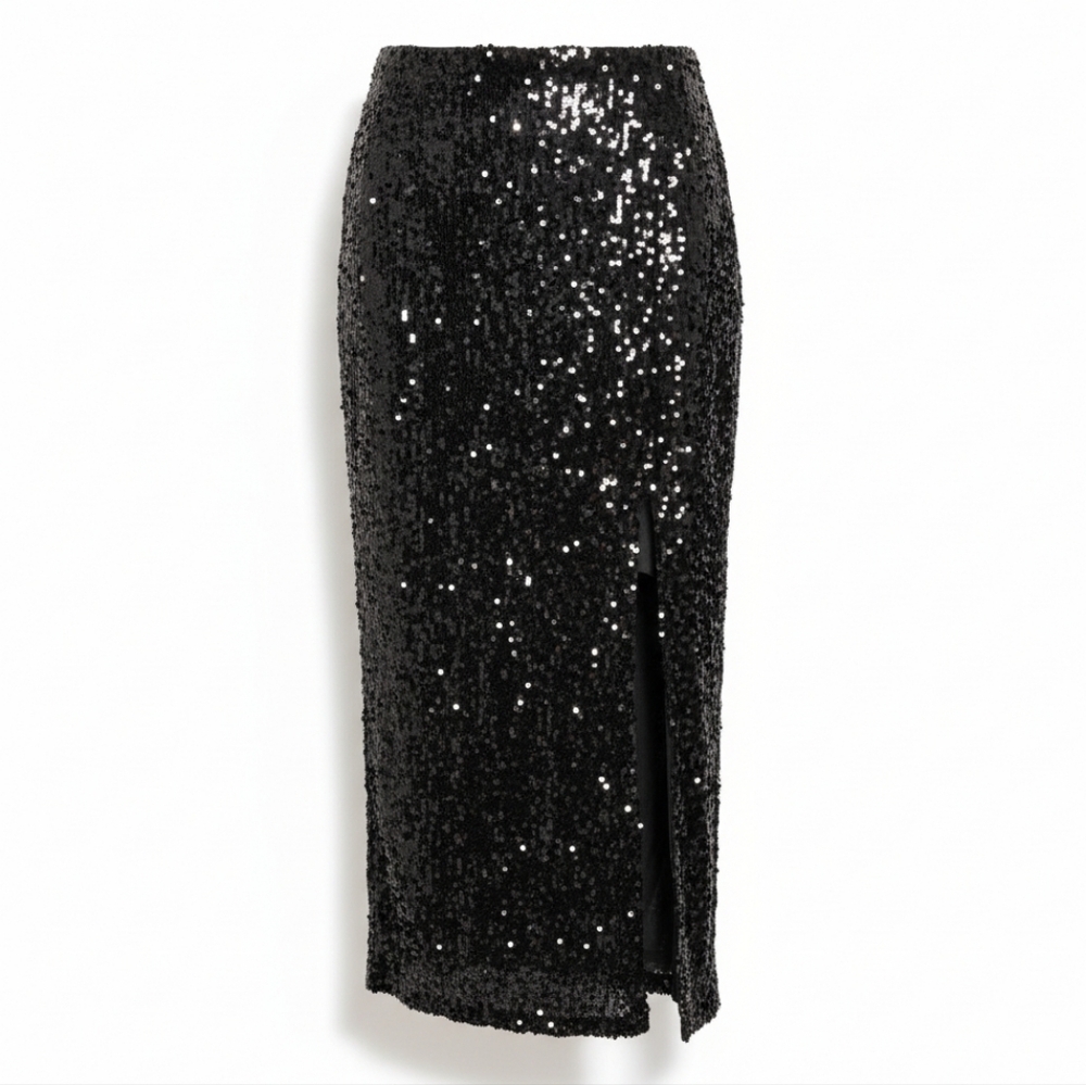 Fashion Nova Black Sequin Midi Skirt M Side Slit Cocktail Evening Glam